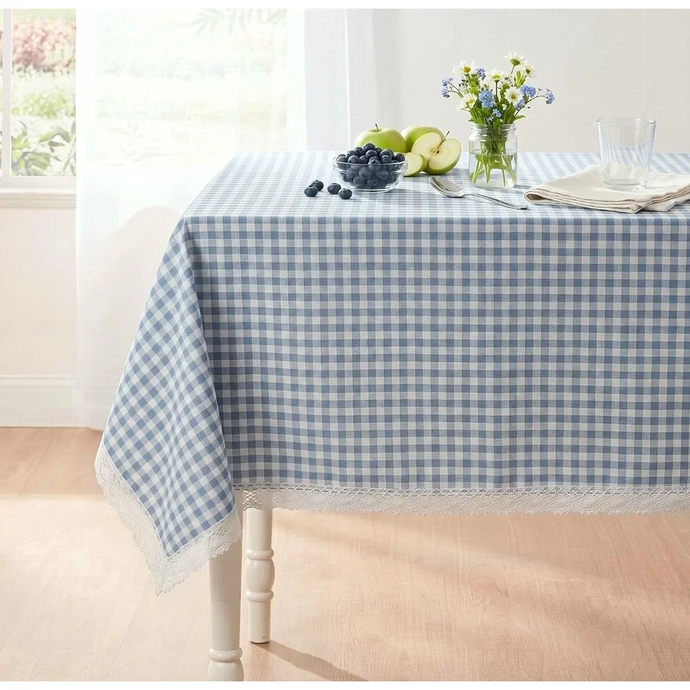 Blue Gingham Checkered Tablecloth with White Lace Trim | 52x70 Rectangular NEW